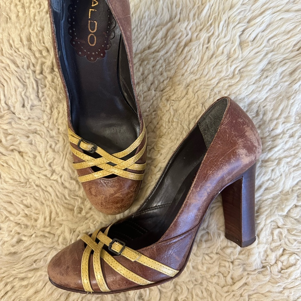 Vintage Aldo Leather Heels with Yellow Cross Straps